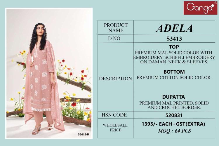 Ganga adela 3413 wholesale unstitched dress material  - wholesale export